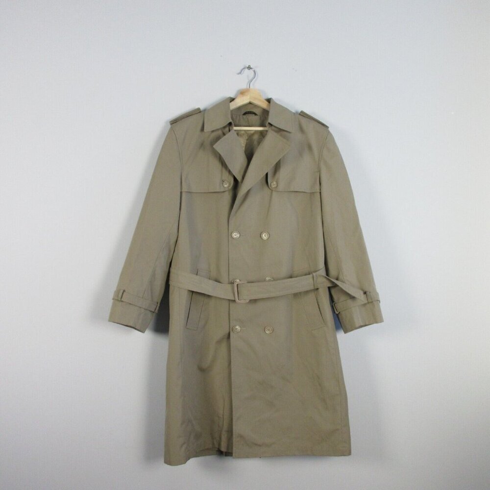 ROC Men Trench Coat Double Breasted Belted Long Jacket Overcoat 40R Khaki 1596